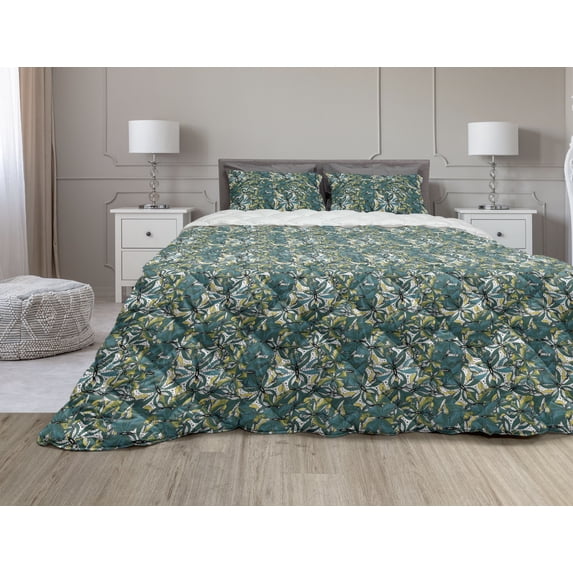 Moth Comforter & Sham Bedding Set, Butterfly Insects Pattern Wings of Nature Fly Spring Summer Season Design, 3 pcs Duvet Set Microfiber Filling Quilt, 5 Sizes, Forest Green Dark Teal, by Ambesonne