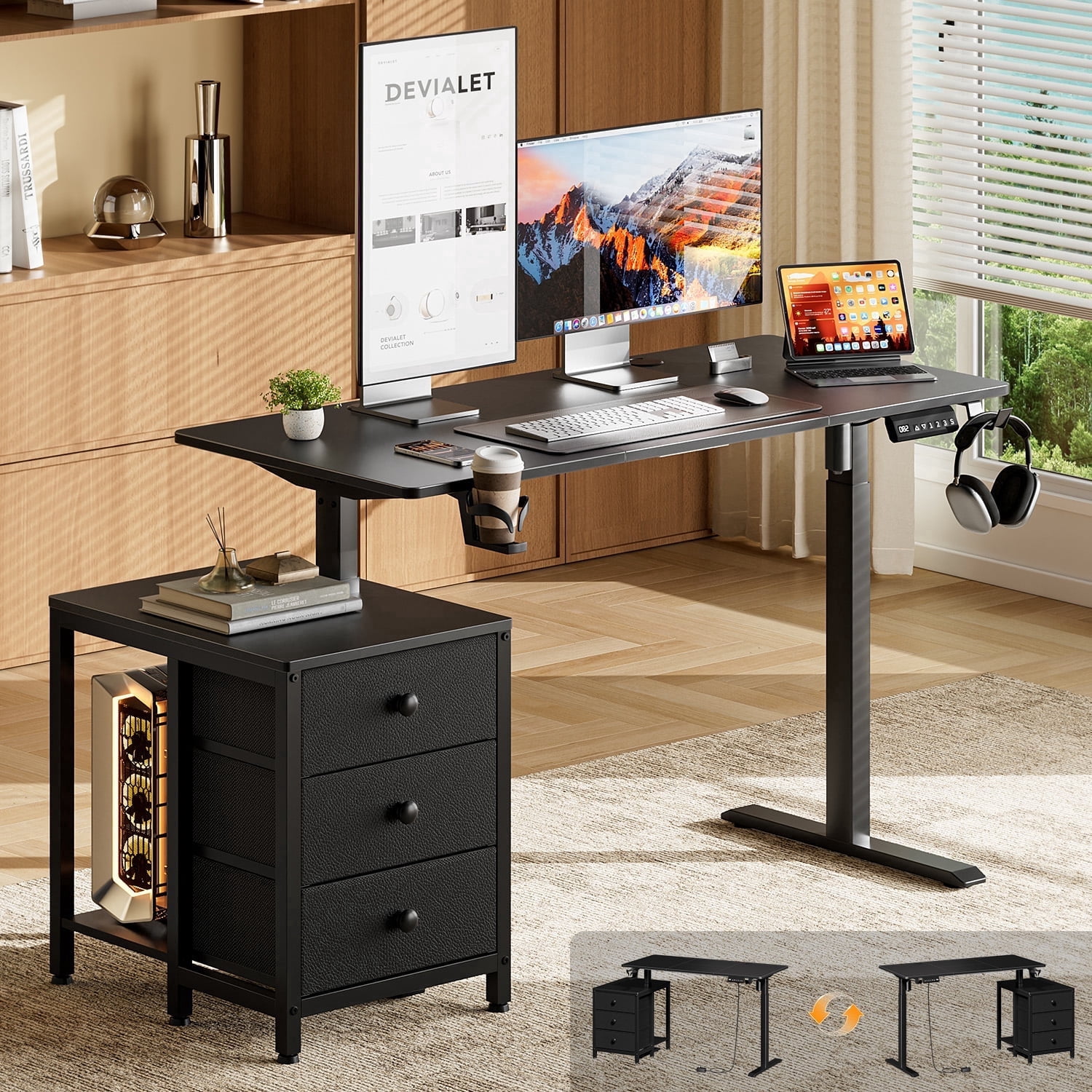 GUNAITO 47.2" Electric Standing Desk with 3-Drawer Cabinet, Adjustable Height Desk with Memory Panel, Office & Gaming Desk，Black