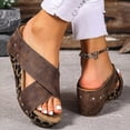 thumbnail image 5 of Rokment Leopard Platform Wedge Sandals for Women Fashion Casual Studded Cross-Band Leather Open Toe Backless Slip on Chunky High Heels Dress Slides Beach Summer Comfortable Brown Size 8.5, 5 of 7