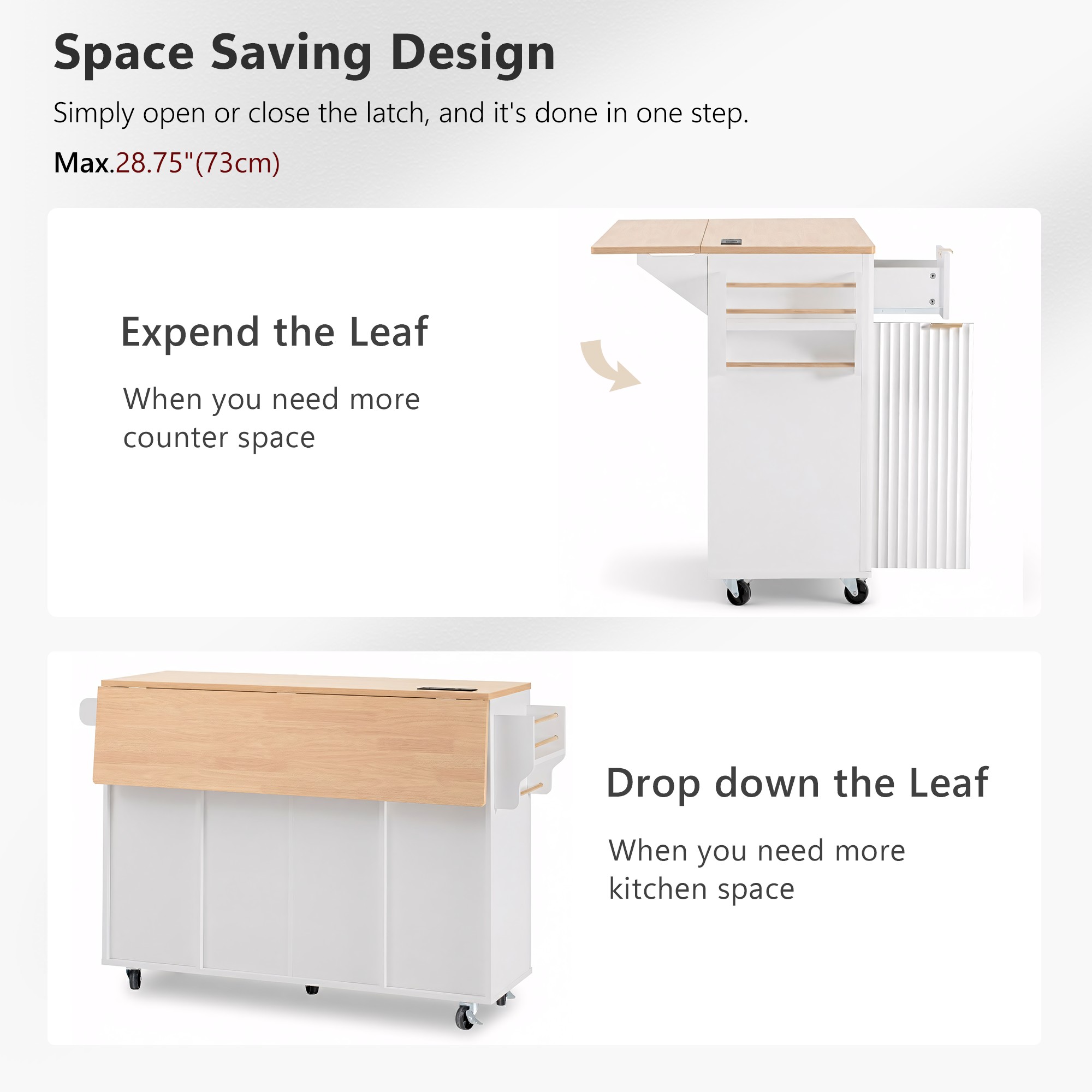 Fluted Kitchen Storage Island with Drop Leaf, Power Outlet, 55.5" Rolling Kitchen Cart with 4 Doors and 3 Drawers