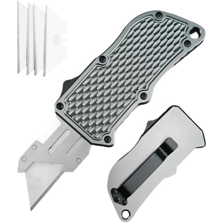 Retractable Box Cutters Utility Knife Replaceable Blade Pocket Knife With Clip With 5pcs Spare Blades Lightweight Aluminum Handle for Outdoor And Indoor EDc Camping & Survival