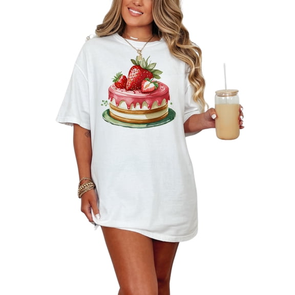 Strawberry Shortcake T-Shirt, Cute Dessert Graphic Tee, Foodie Shirt, Bakery Lovers Gift, Summer Sweet Treat, Watercolor Cake Art, White Comfort Colors T-Shirt, Small