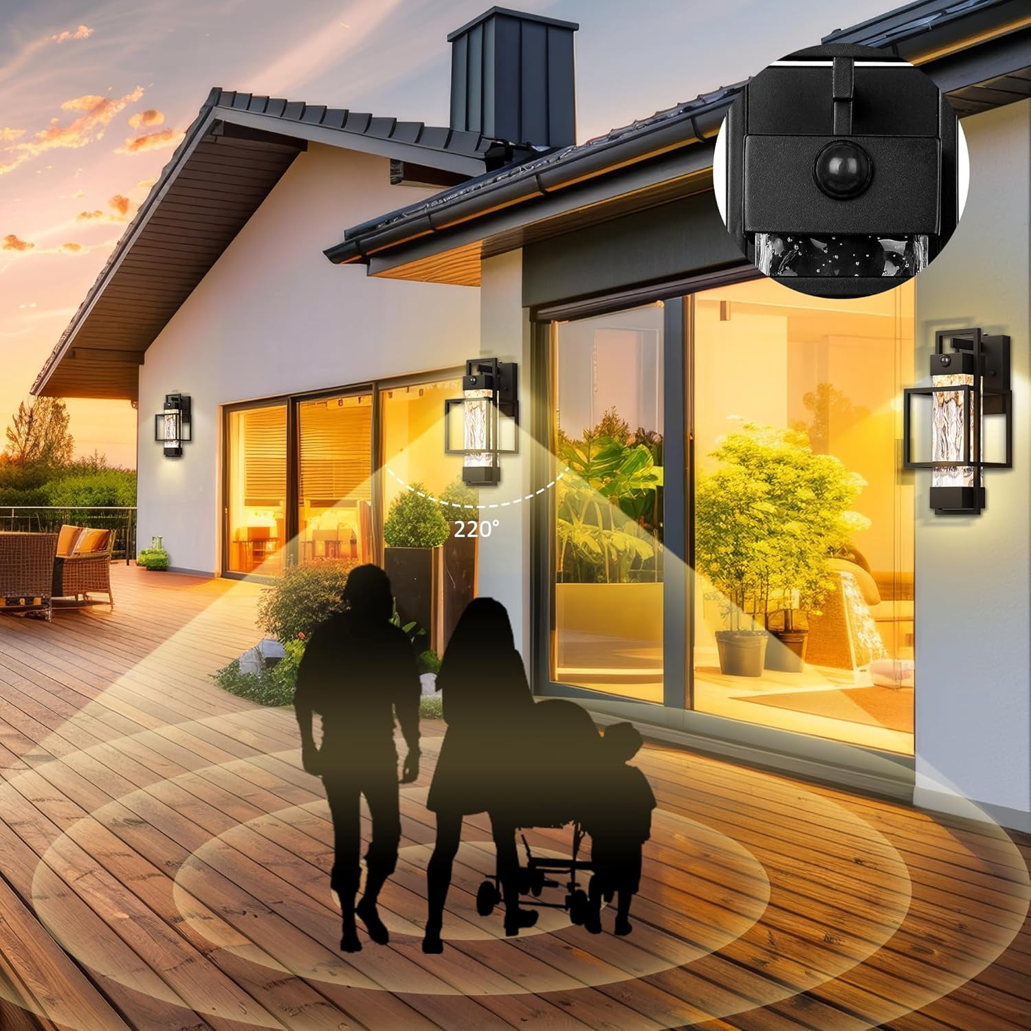 Modern Motion Sensor Outdoor Wall Lights 2 Pack 15" Exterior Wall Sconce Waterproof Porch Light