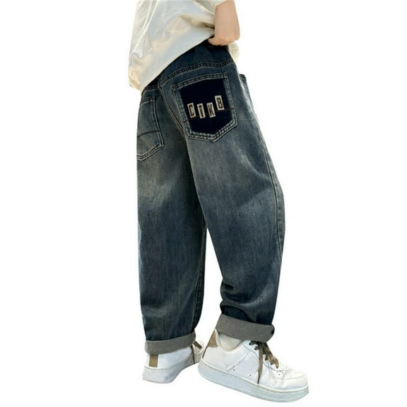 CAIXIA Boys Jeans Baggy Straps Wide Leg Hip Hop Loose Denim Pants Oversized Husky Trousers Elastic Waistband Hip Hop Vintage Washed Jeans Kids