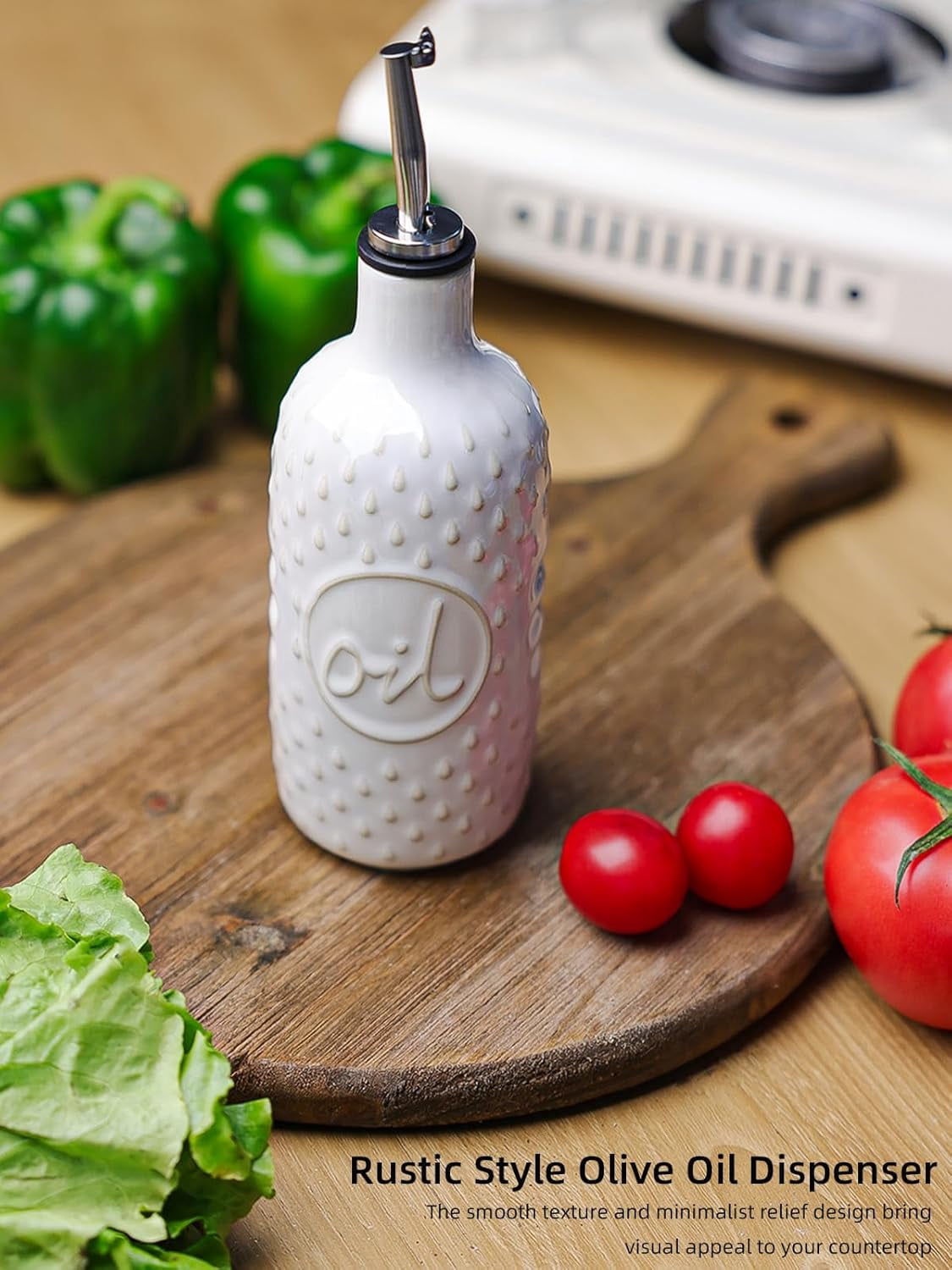 Olive Oil Dispenser Bottle, 15 Oz Relief Opaque Oil Cruet for Kitchen Counter, Oil Dispenser for Storage Oil, Vinegar, Soy Sauce, Coffee Syrup, Liquids (White)