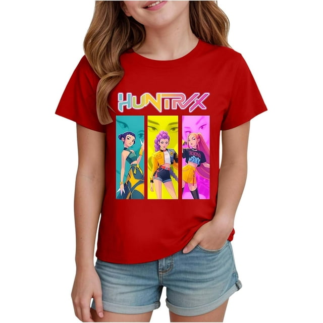 K pop Demon Chandail pour Filles, T-Shirt Graphique Mignon avec Dessin Animé, T-Shirt Tendance et Drôle, Chandail pour Enfants, Hauts Roses, Manches Courtes, Col Ras du Cou