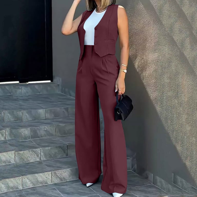 Business Casual Outfits for Women Womens Elegant Solid Color Suit Vest Tank  Cardigan Pockets Tops Wide Leg Pants Suit Stretch Suits for Women 
