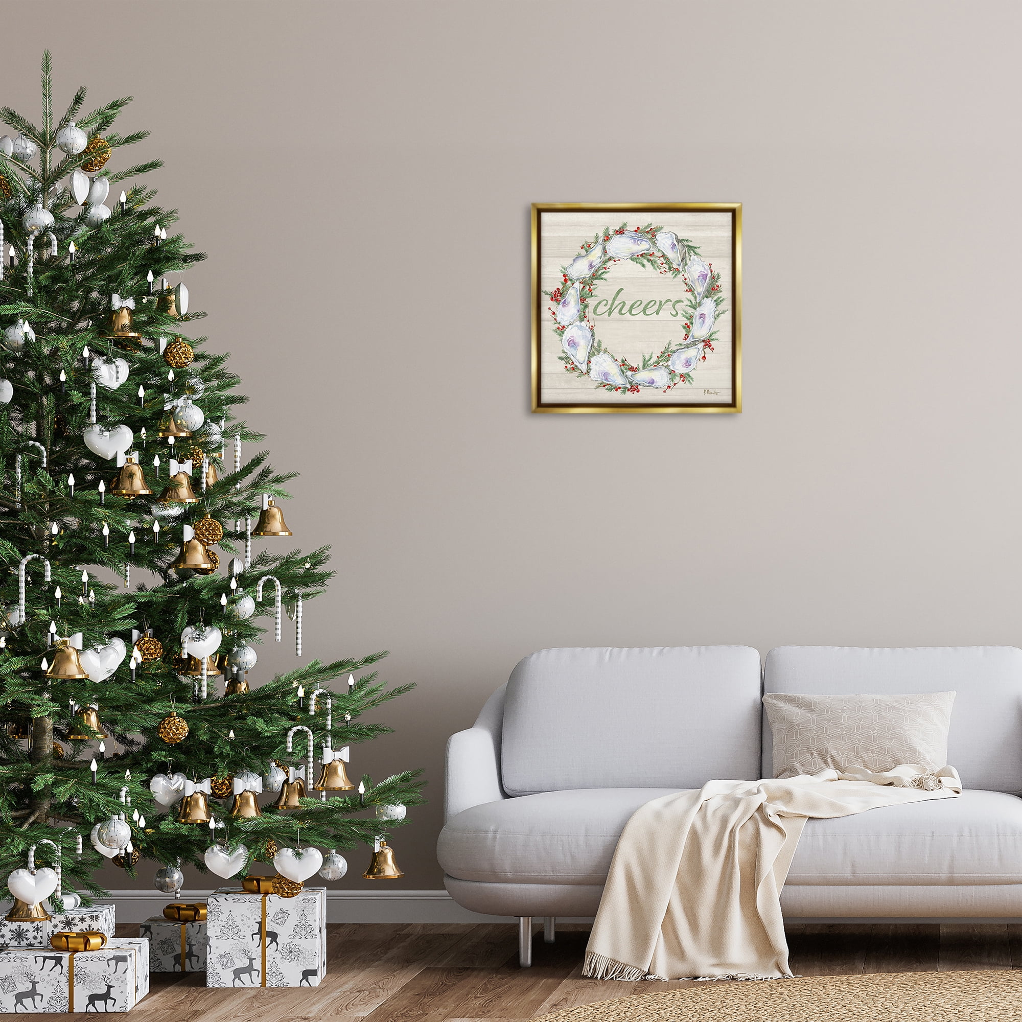 Stupell Industries Shells & Holly Cheers Holiday Painting Gold Floater Framed Canvas Art Print Wall Art, 25 x 25