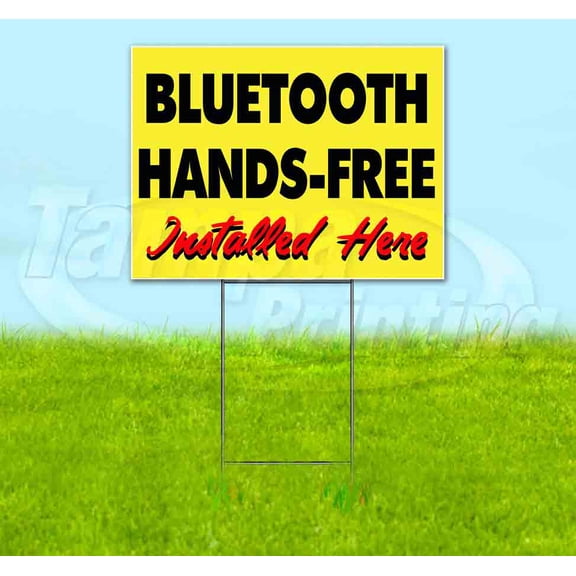 Bluetooth Hands Free Installed Here Yellow Cursive (18" x 24") Yard Sign, Includes Metal Step Stake