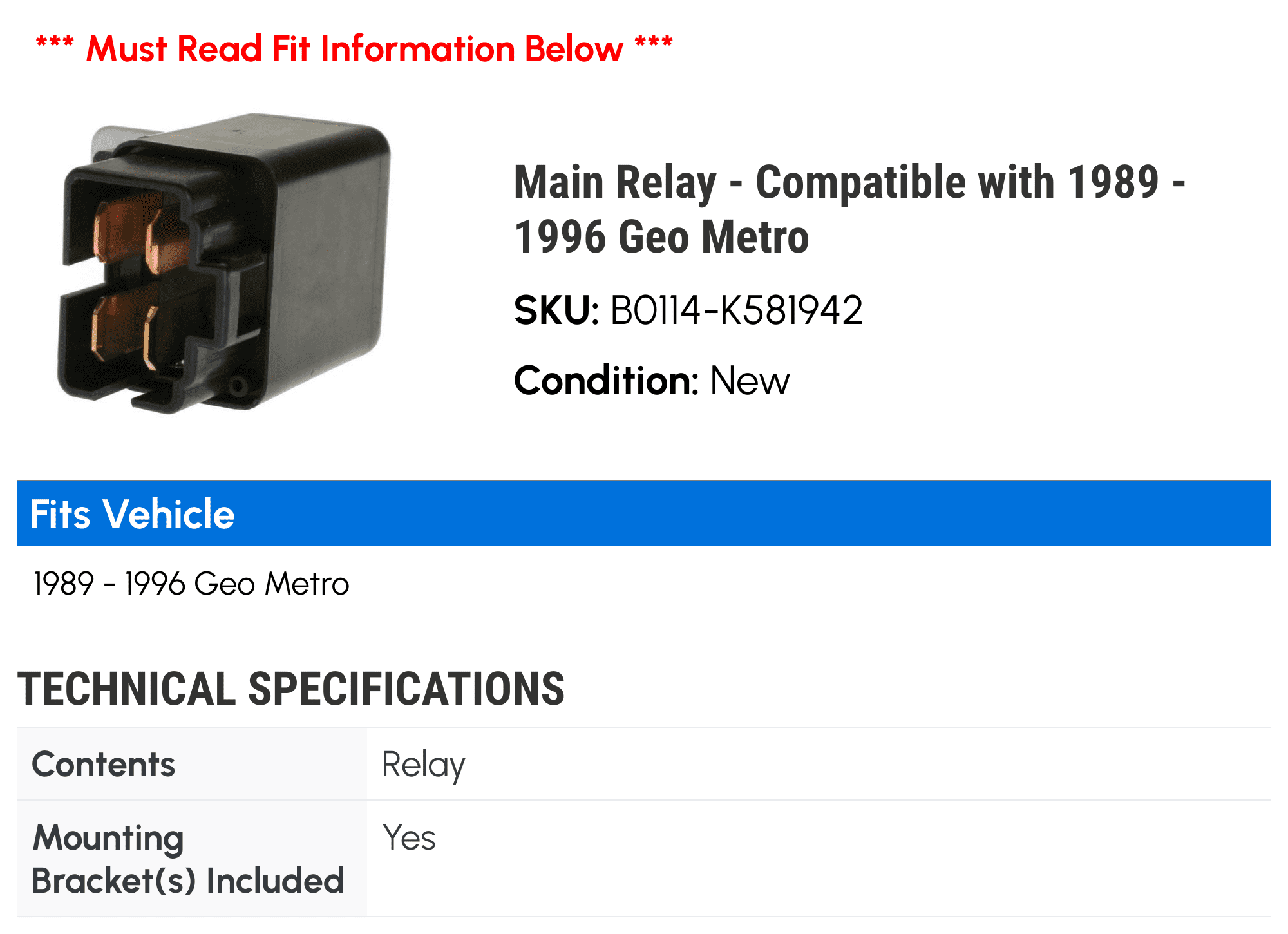 Main Relay - Compatible with 1989 - 1996 Geo Metro 1990 1991 1992 1993 1994 1995