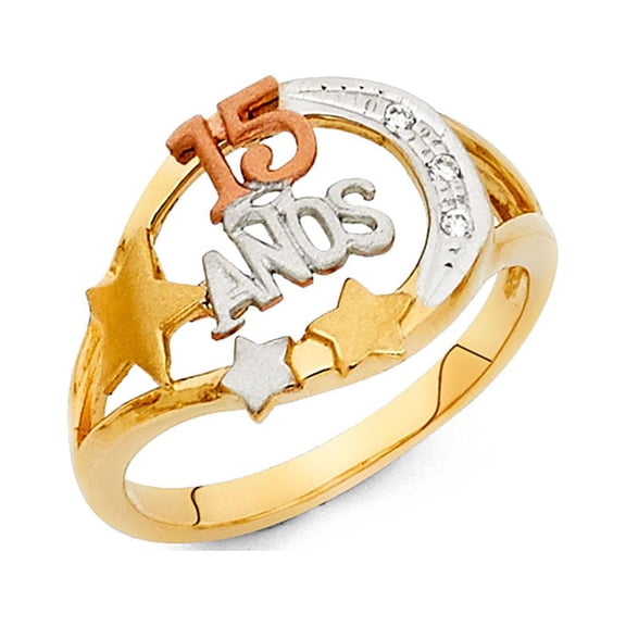 Star 15 Anos Ring Solid 14k Yellow White Rose Gold Quince CZ Stars Band Stylish Polished Fancy, Size 7