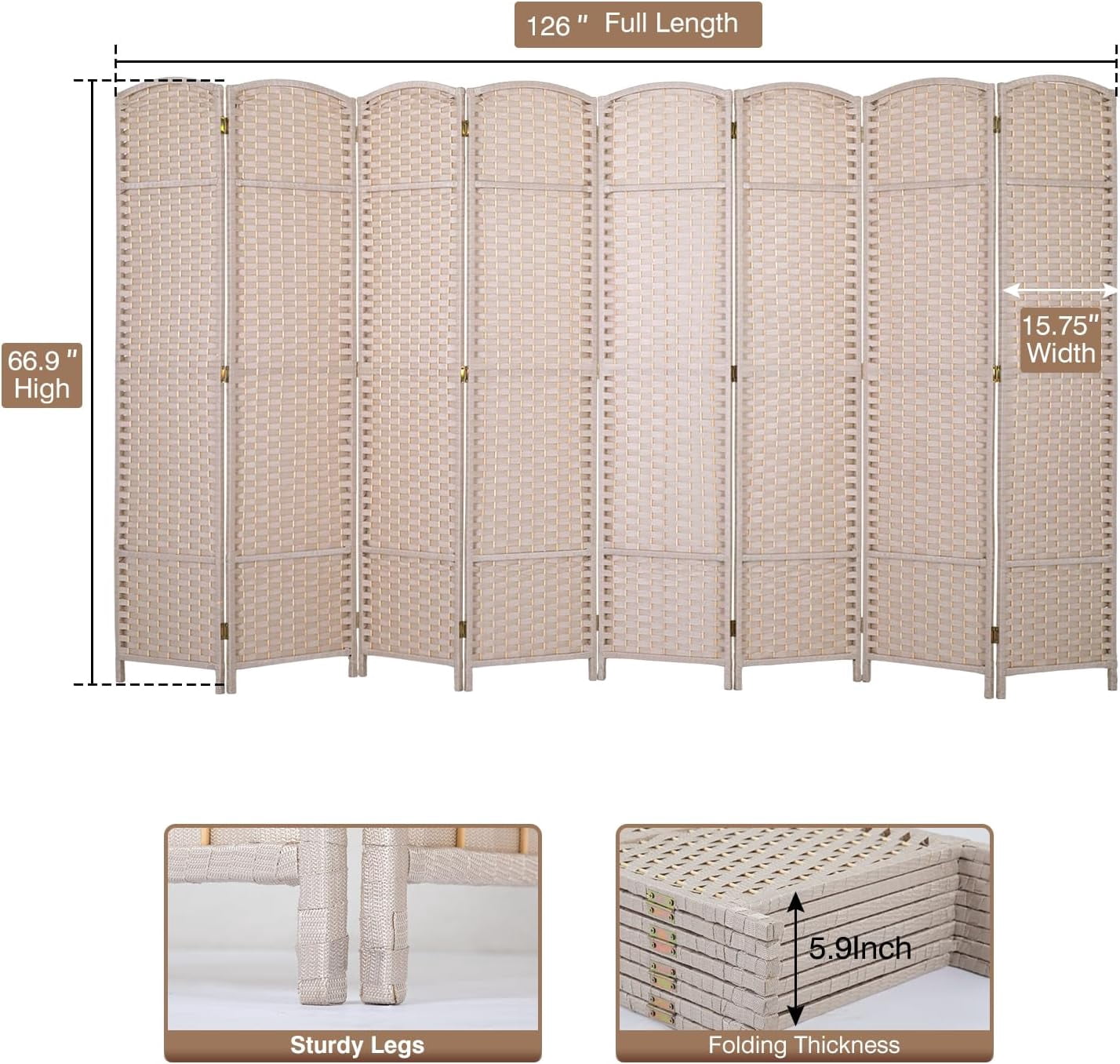 Dkelincs 8 Panel Room Dividers 5.6 FT Tall Portable Privacy Screen Folding Wood Partition Wall Divider for Room Separation, Beige