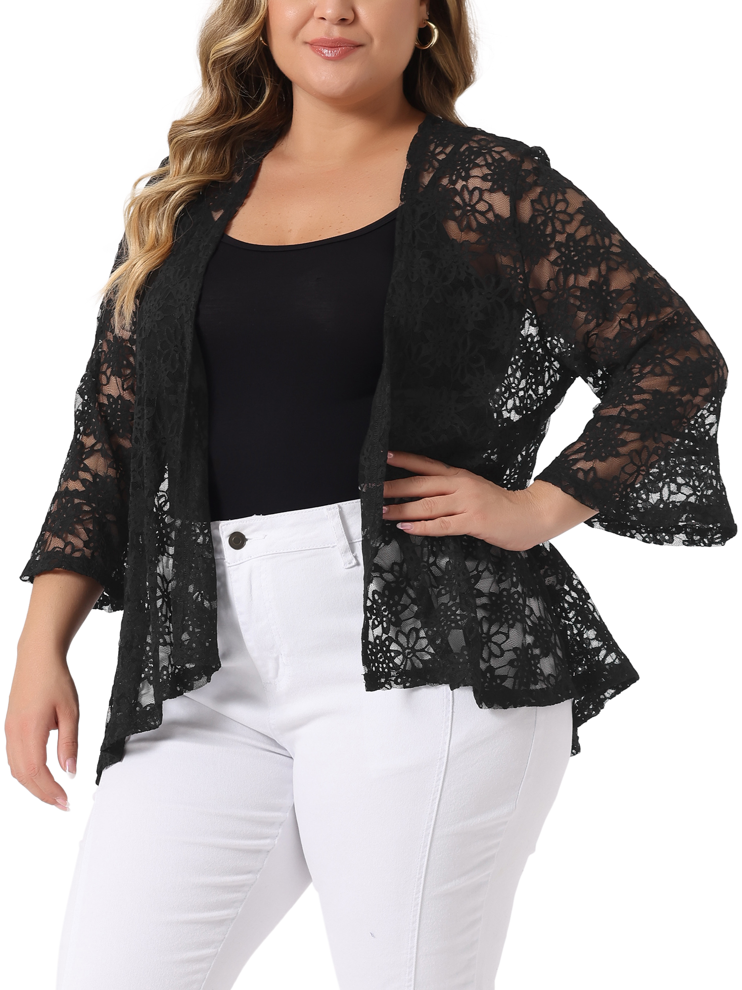DARING DIVA Women's Plus Size Open Front 3/4 Sleeve Sheer Lace Cardigan 2X Black