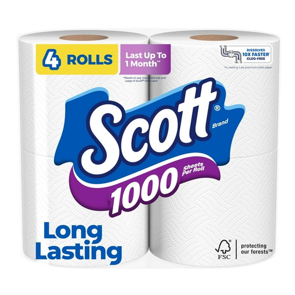 2X-Scott 1000 Sheets Per Roll Toilet Paper, 4 Rolls, Bath Tissue