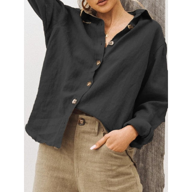 Chemise en Coton et Lin à Col Polo à Manches Longues pour Femme