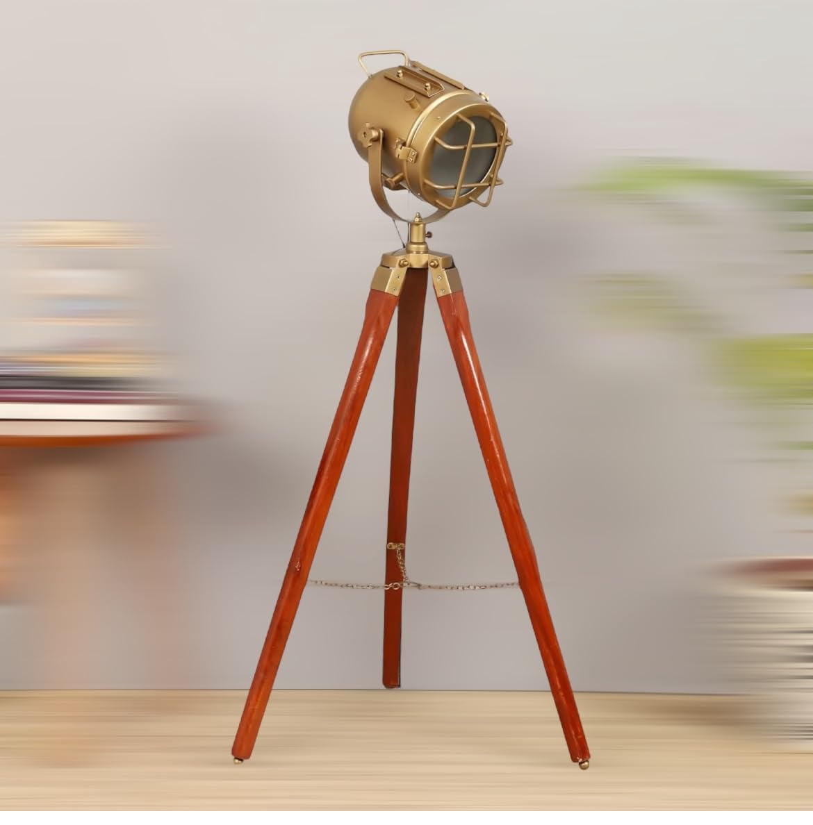 Antique Brass Nautical Searchlight Floor Lamp with Wooden Tripod Stand – Adjustable Height Metal Spotlight for Living Room, Bedroom, Office & Home Décor