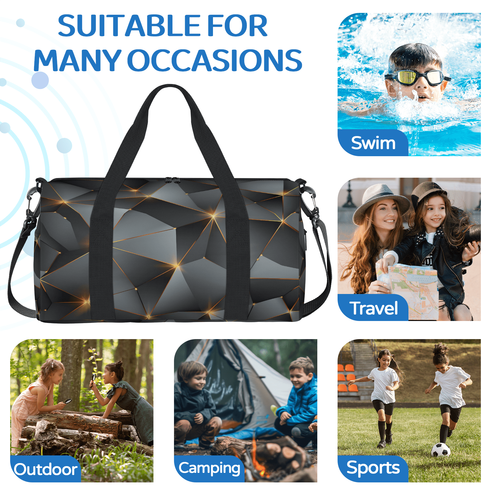 Herdesigns Black Travel Duffle Bag Sports Yoga Weekender Overnight Carry on Workout Bags Lightweight Waterproof Gym Tote Bag for Women Modern Mid Century Abstract Geometric