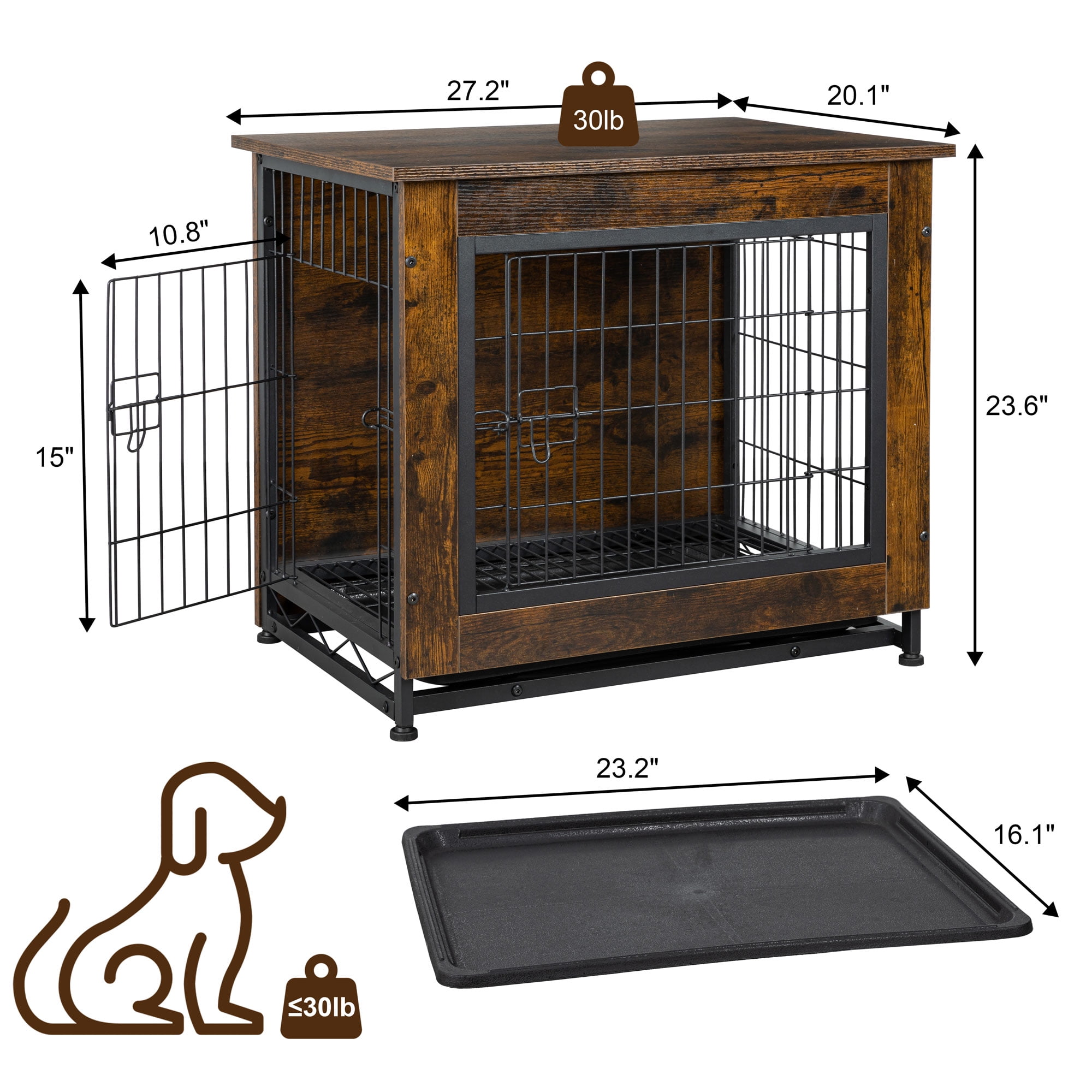 Walsunny Wooden Dog Crate Furniture,Double-Doors Kennel Indoor with Divider and Removable Tray,End Table Dog Crate for Decoration 27.2"L x 20.1"W x 23.6"H,Brwon