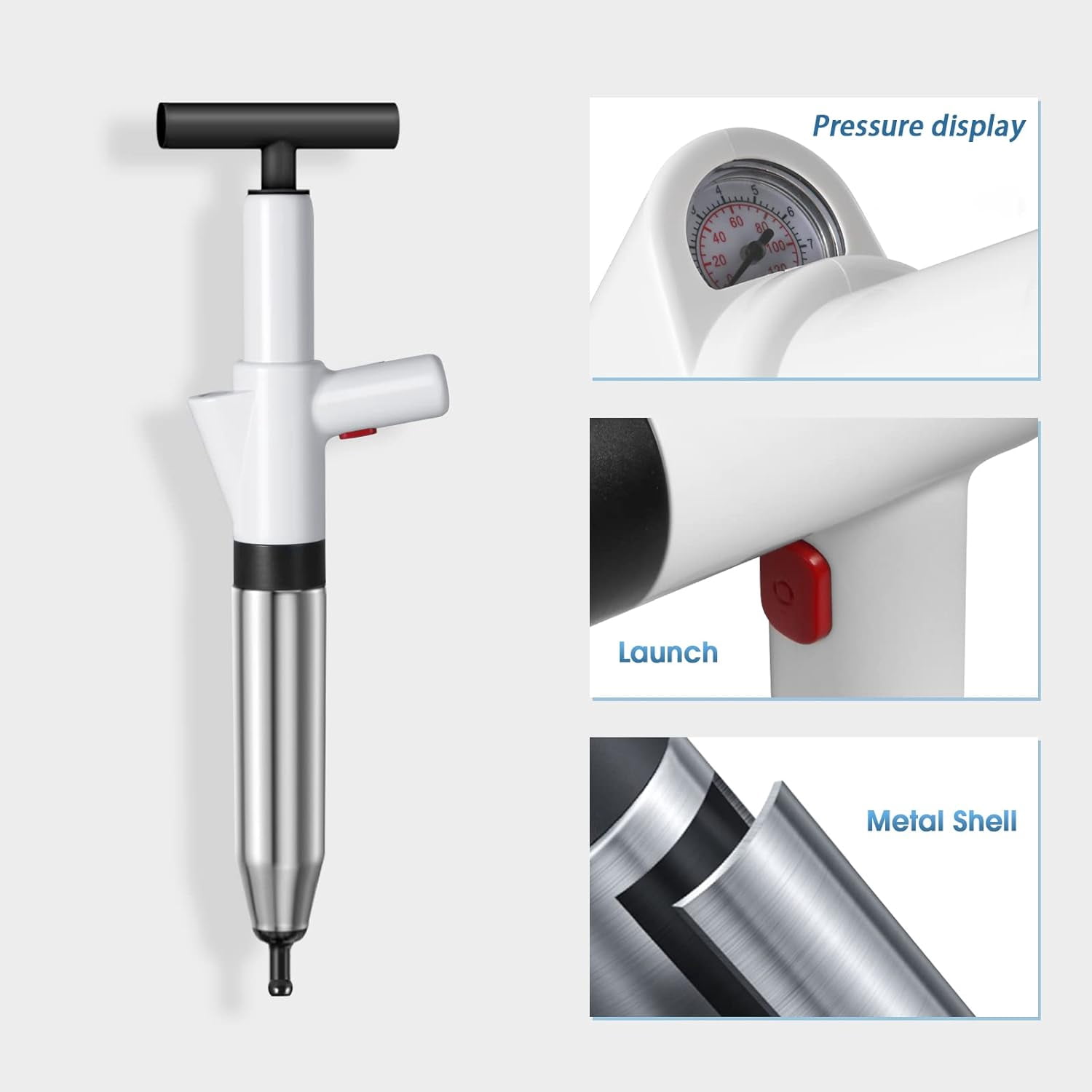 Hinzonek High Pressure Air Toilet Plunger Drain Blaster Kit, Unclogged, Stainless Steel Toilet Clog Remover - Unclog Toilets Kitchen Sinks Shower Drains Bathroom, Bathtub and Clogged Pipes with Ease