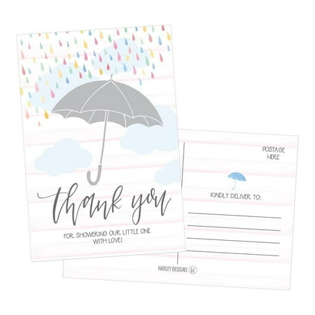 - 50 4x6 Rain Umbrella Blank Thank You Postcards Bulk, Cute Modern Sprinkle Baby Shower Rainbow Showered With Love Thank You Note Card Stationery For Wedding Bridesmaid Bridal, Religious, Holiday