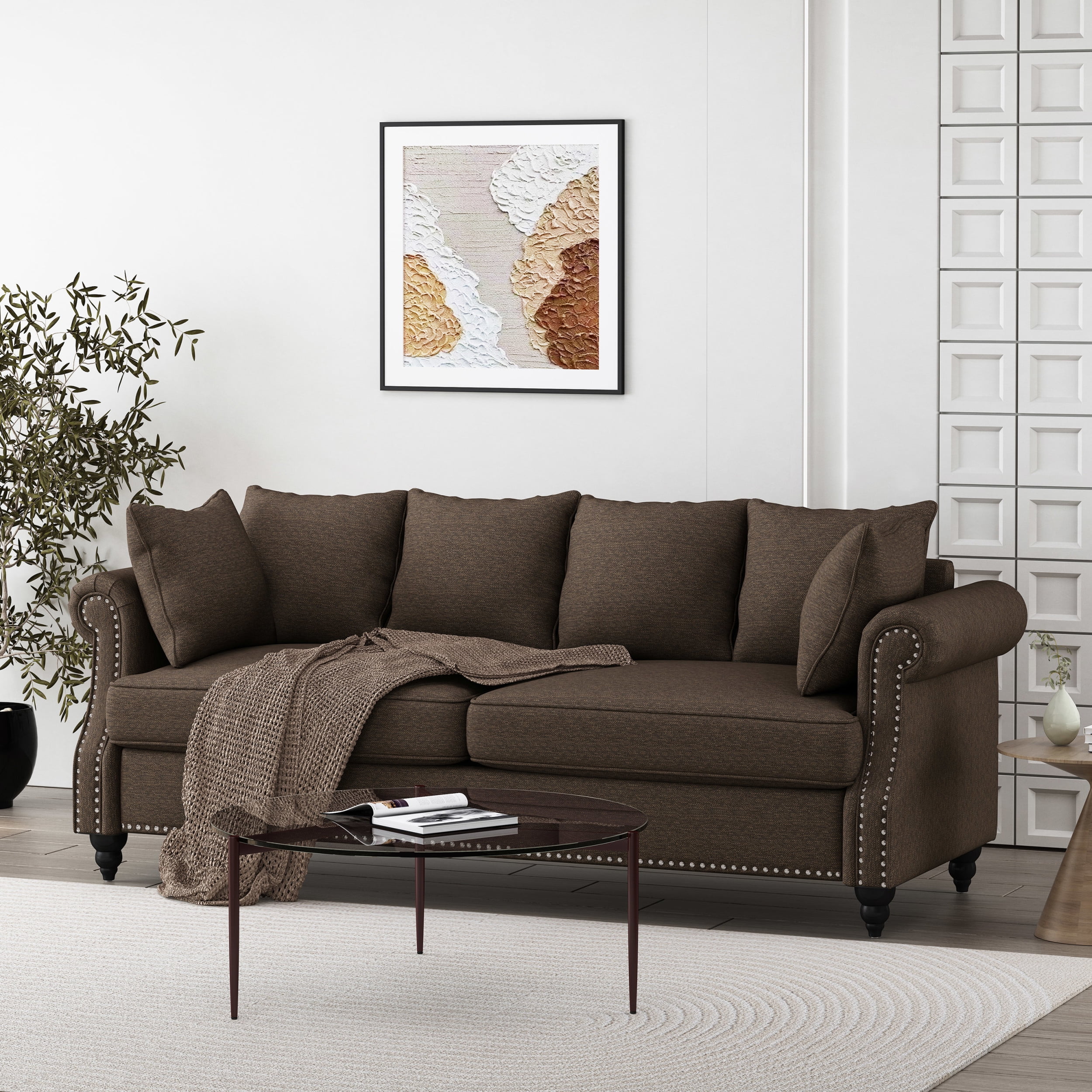 Noble House Viewland Fabric Pillowback 3 Seater Sofa with Nailhead Trim