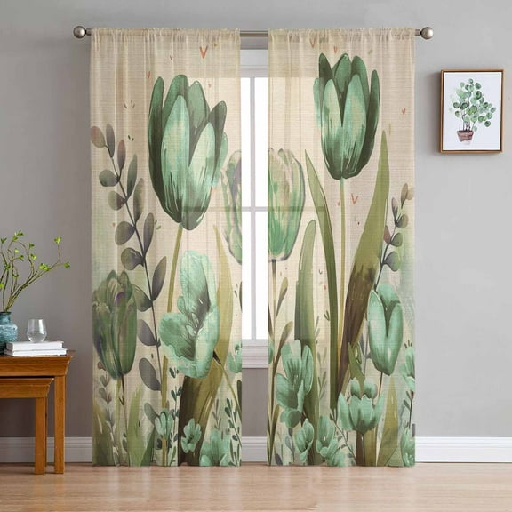 Green Spring Floral Sheer Curtains 63 Inches Length 2 Panels Set, Window Sheer Curtains for Living Room/Bedroom, Summer Botanical Tulip Vintage Light Filtering Rod Pocket Curtain 52'' x 63'' x 2