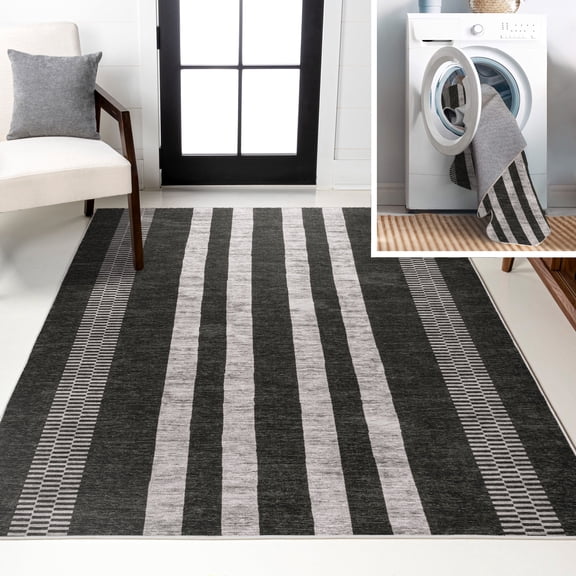 JONATHAN Y WASHABLE 8 x 10 Area Rug, Vichy Geometric Striped - Black/Ivory, WSH122A-8