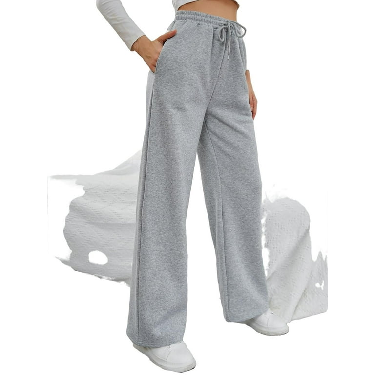 Womens Drawstring Waist Sweatpants Plain Long Loose Light Grey XS