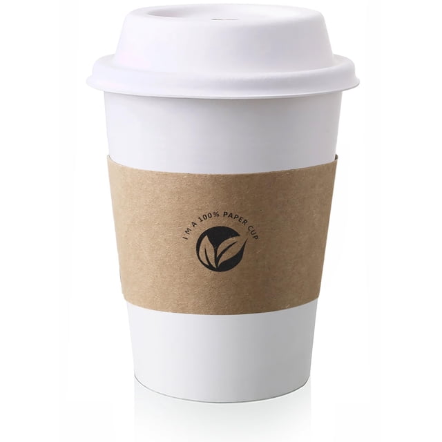 Tazas de café compostables KTOB de 12 oz (paquete de 50) con tapas y fundas