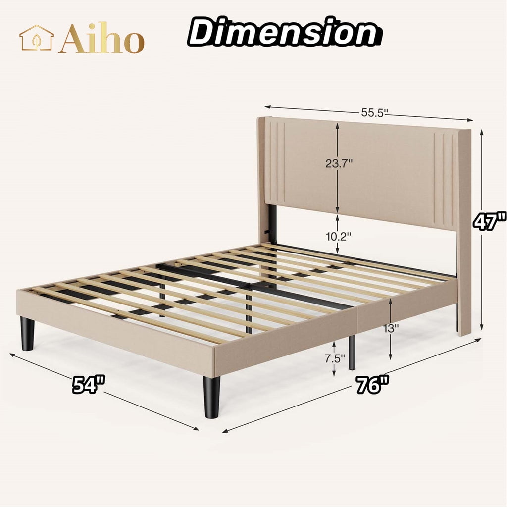 Aiho Full Size Bed Frame, Modern Upholstered Platform Bed with Wingback Headboard & No Box Spring Needed, Perfect for Bedroom, Beige