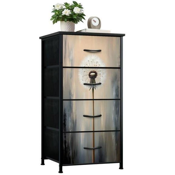 Dresser for Bedroom with 4 Storage Drawers Dandelion Gray White Abstract Flower Farmhouse Floral Rustic Black Dressers Chest of Drawers Steel Framed Fabric Closet Organizers for Entryway