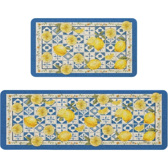 Farmhouse Kitchen Rugs Set of 2 Non-Slip Farmhouse Lemon Kitchen Mats for Floor Rustic Low-Profile Washable Home Decor Rug 17x47 Inch and 17x29 Inch