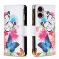thumbnail image 2 of iPhone 16 Case Zipper Purse Embossed Pattern Premium Leather Wallet Cover Flip Stand Card Slots Holder Magnetic Closure with Wrist Strap Case for iPhone 16, White Blue Butterfly, 2 of 9