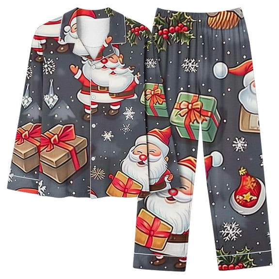 Lorytime Christmas Pjs Set Women Long Sleeve Santa Claus Collared Tops Elastic Waist Pants Holiday Sleepwear Gift