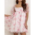 thumbnail image 2 of KelaJuan Women Short Sleeve Mini Dress Summer Casual Lip Print Square Neck Tulle A-Line Party Dress Beach Streetwear, 2 of 6