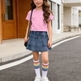 thumbnail image 2 of Boys Girls Clothes 3 Piece Sets Short Sleeve Shirt Denim Skirts Knee High Socks Outfits with Pockets Pink 4-5 Years, 2 of 9
