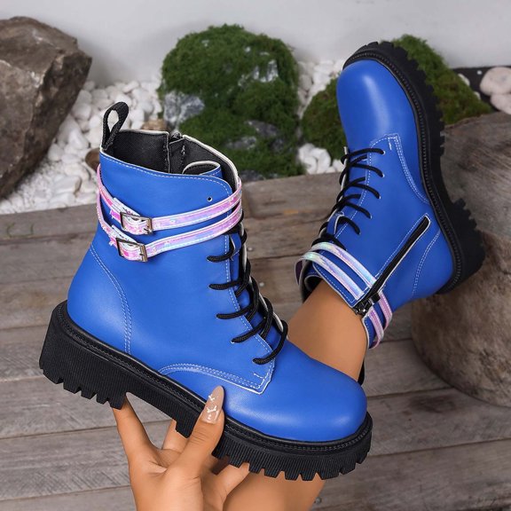 JUSLIO Winter Boots for Women,Platform Boots Low Heels Lace Up Solid Color Fashion Casual Slip on Mid Calf Boots Womens Boots,