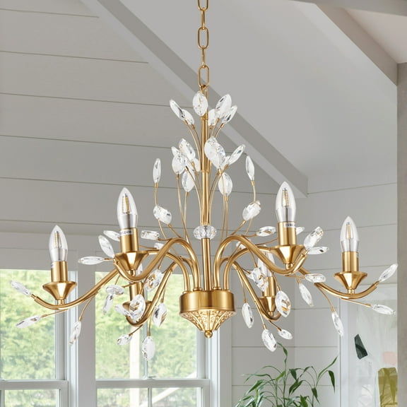 6-Light Candle-Style Crystal Chandelier - Antique Gold Wrought Iron Ceiling Fixture with 21.6" Chain & 4.3" Cast Mount for Farmhouse Dining Room Lighting