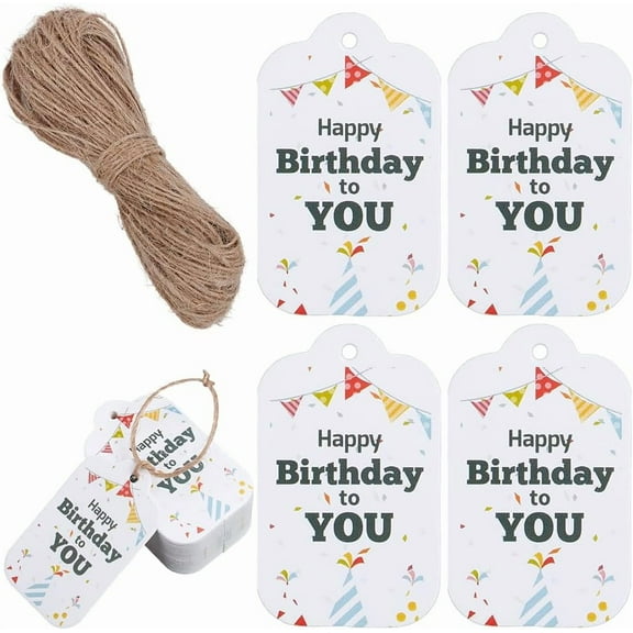 150pcs Happy Birthday Paper Gift Tags Hange Tags For Arts and Crafts with 20M Jute Cord White 50x30x0.4mm Hole: 3mm