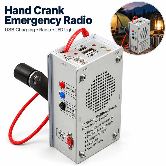 Hand Crank Emergency Radio, 1000mAh USB Charger with LED Flashlight, Electric Igniter, FM/SW Radio, Aluminum Alloy, English Version