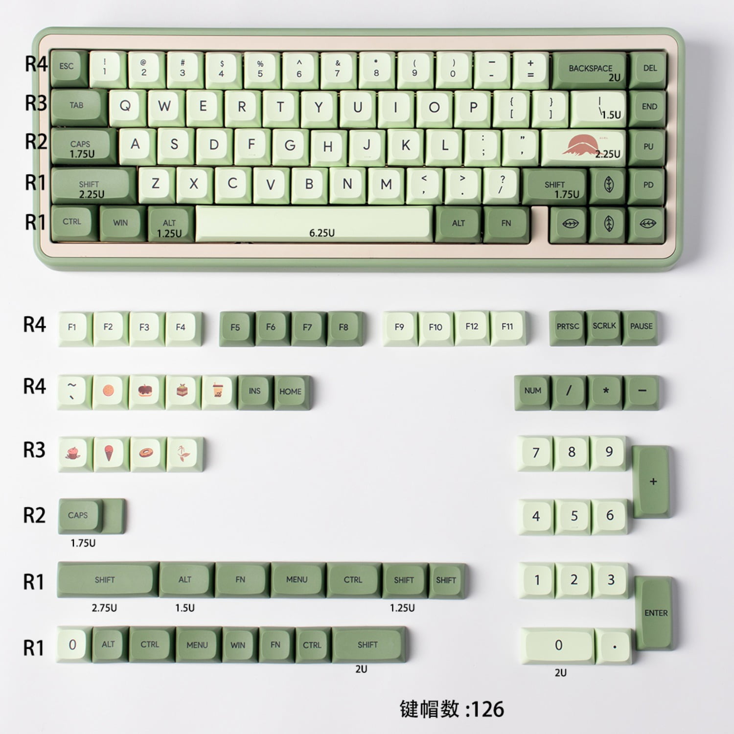 Matcha Green XDA Keycaps, 126-Key PBT Dye-Sublimated with English/Japanese Legends