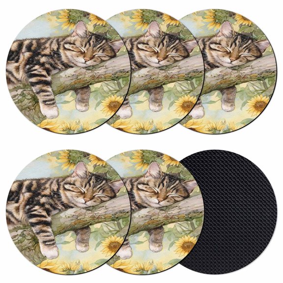 Vintage Cat Coasters Set of 6, Absorbent Coasters for Drinks, Country Watercolor Sunflowers Branch Coaster for Desk Coffee Table Protection, Home Decor House Warming Gifts 4"