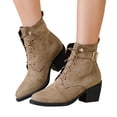 thumbnail image 4 of OKBOP Women's Tan Lace-Up Boots Round Toe Block Heel Memory Foam Khaki Stylish Women's Boots Sizes 36, 4 of 5
