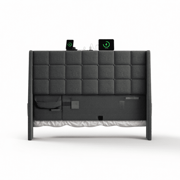 Ergonomic Queen Size Headboard with Charging Station, Dark Grey Upholstered Bed Headboard