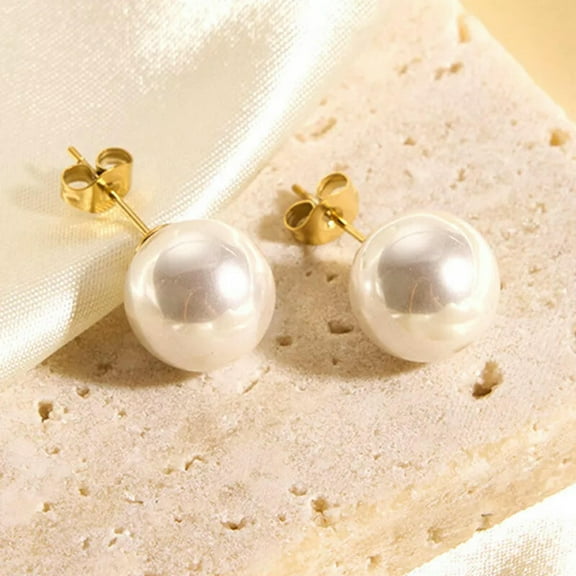 K-KED Stunning Big 12mm Round White South Sea Shell Pearls Gold Stud Earrings