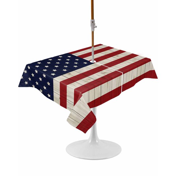 Outdoor Table Cloth with Umbrella Hole and Zipper, American Flag Waterproof Rectangle Tablecloth 60"x102", Vintage Wooden Star Striped Red Blue Washable Table Cover for Outside Party Patio Picnic