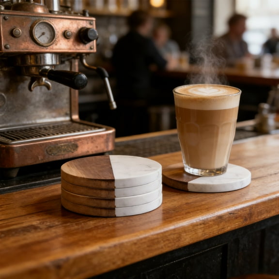 GZCMXH Marble and Wood Coasters for Drinks - 4-Piece Set, Round Natural Stone & Wood Coaster Set for Table Protection