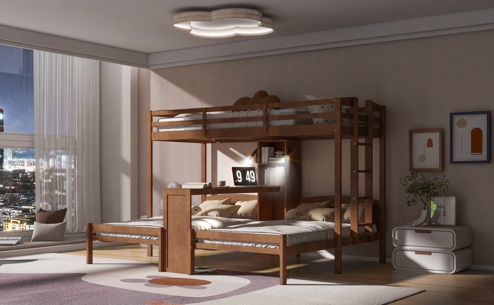 Mintazer Twin over Twin over Twin Bunk Bed with Desk, Bunk Bed with Reading Lamp and Storage Shelves, Brown