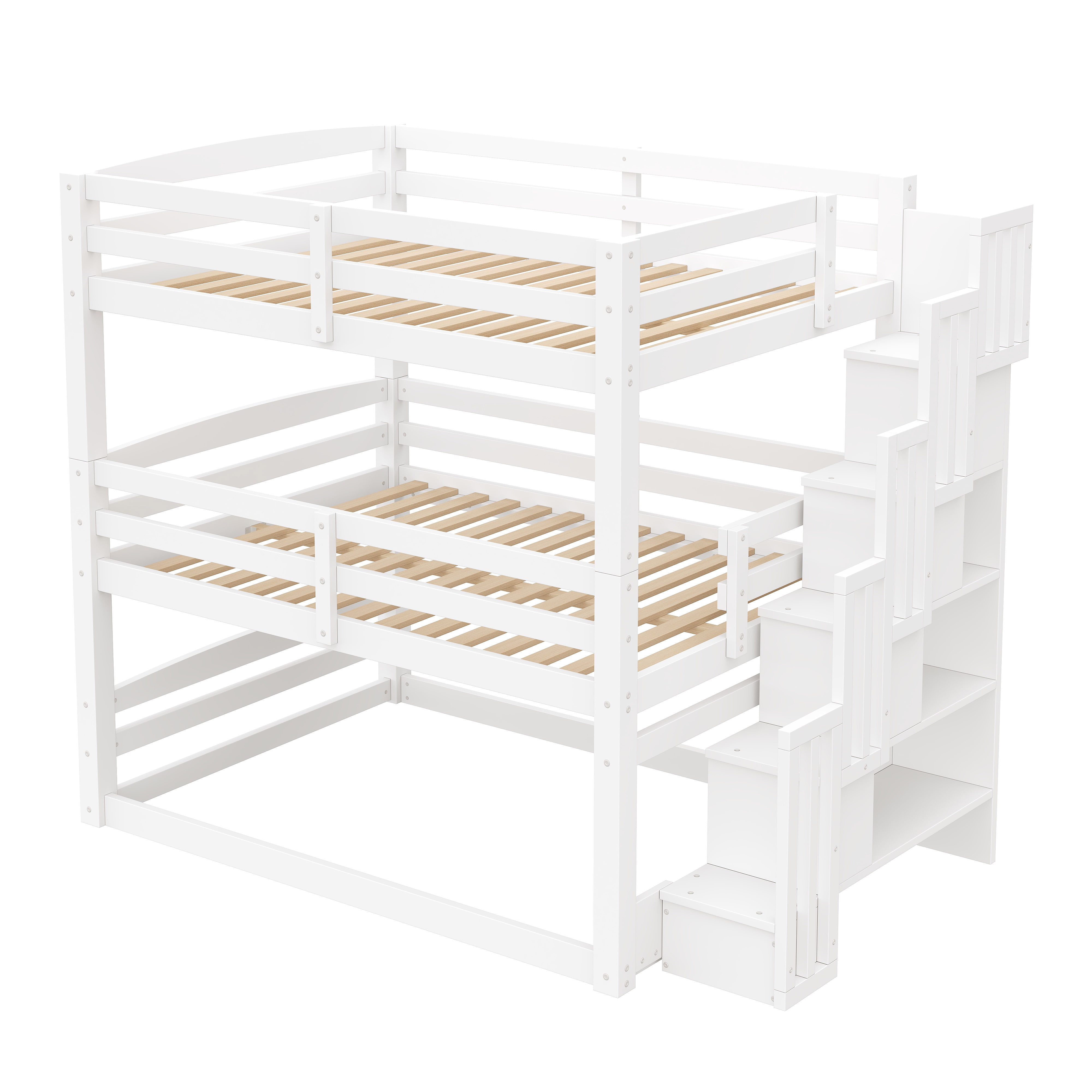 Euroco Full Size Triple Bunk Bed with Storage Staircase, White