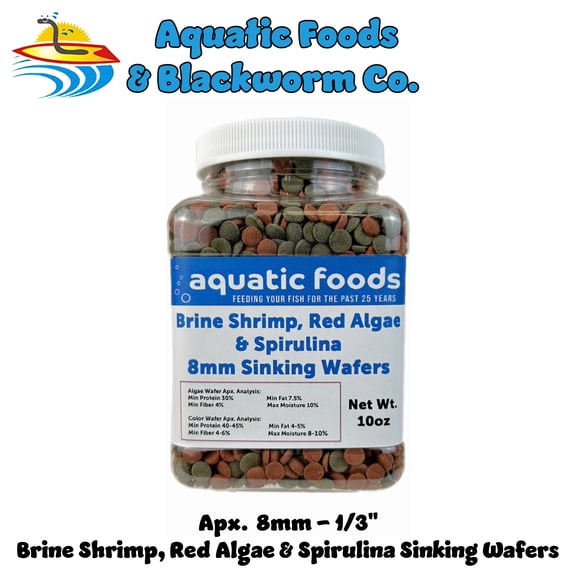 8mm - 1/3" Brine Shrimp/Red Algae Color Enhancing & Spirulina/Green Algae Sinking Wafer Mix for Shrimp, Snails, Plecos, All Fish - WL 10oz Sm Jar